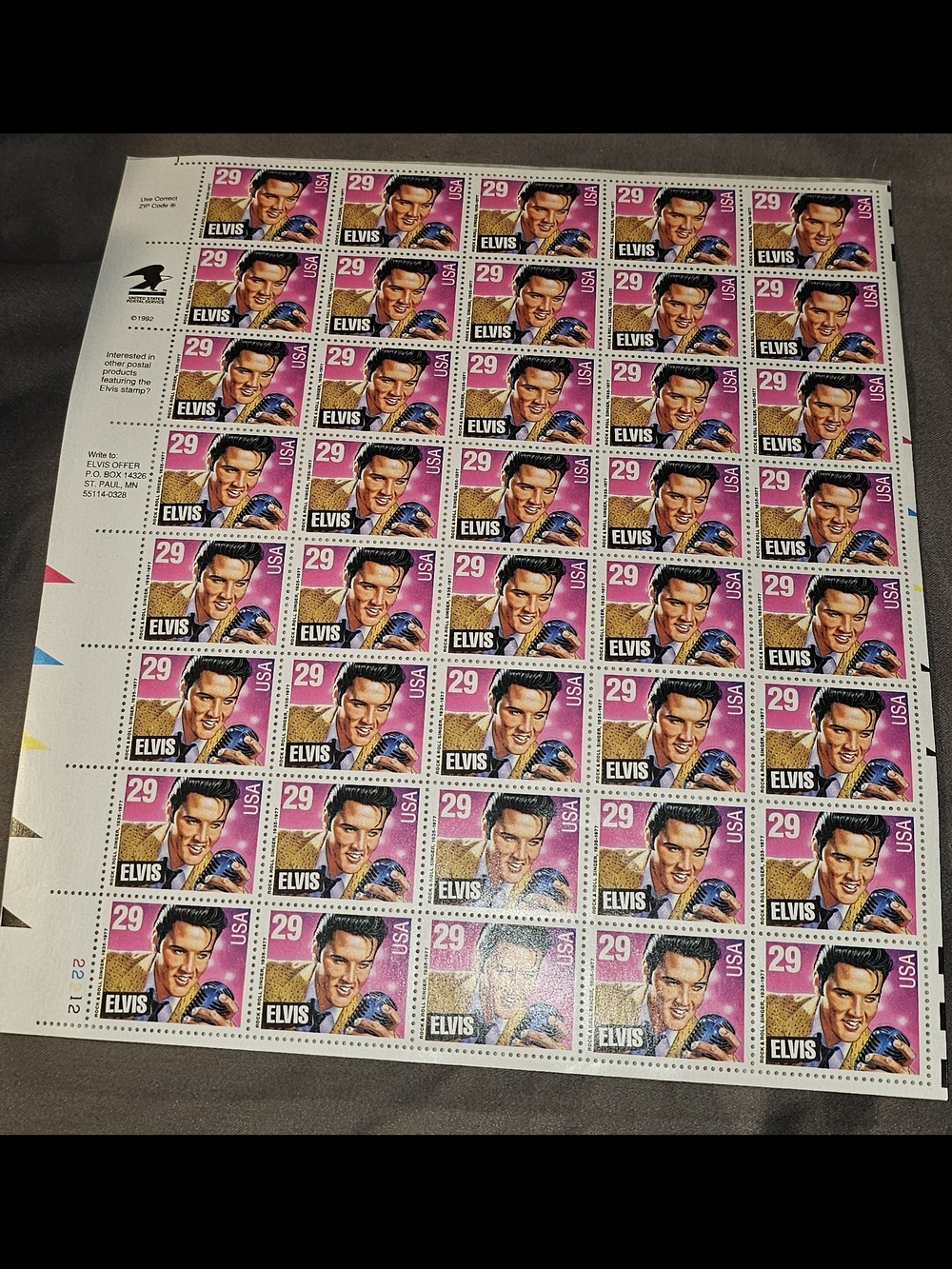 Vintage Elvis Presley USPS 1992 Rock N Roll Full Sheet (40) Stamps 29 Cents Each